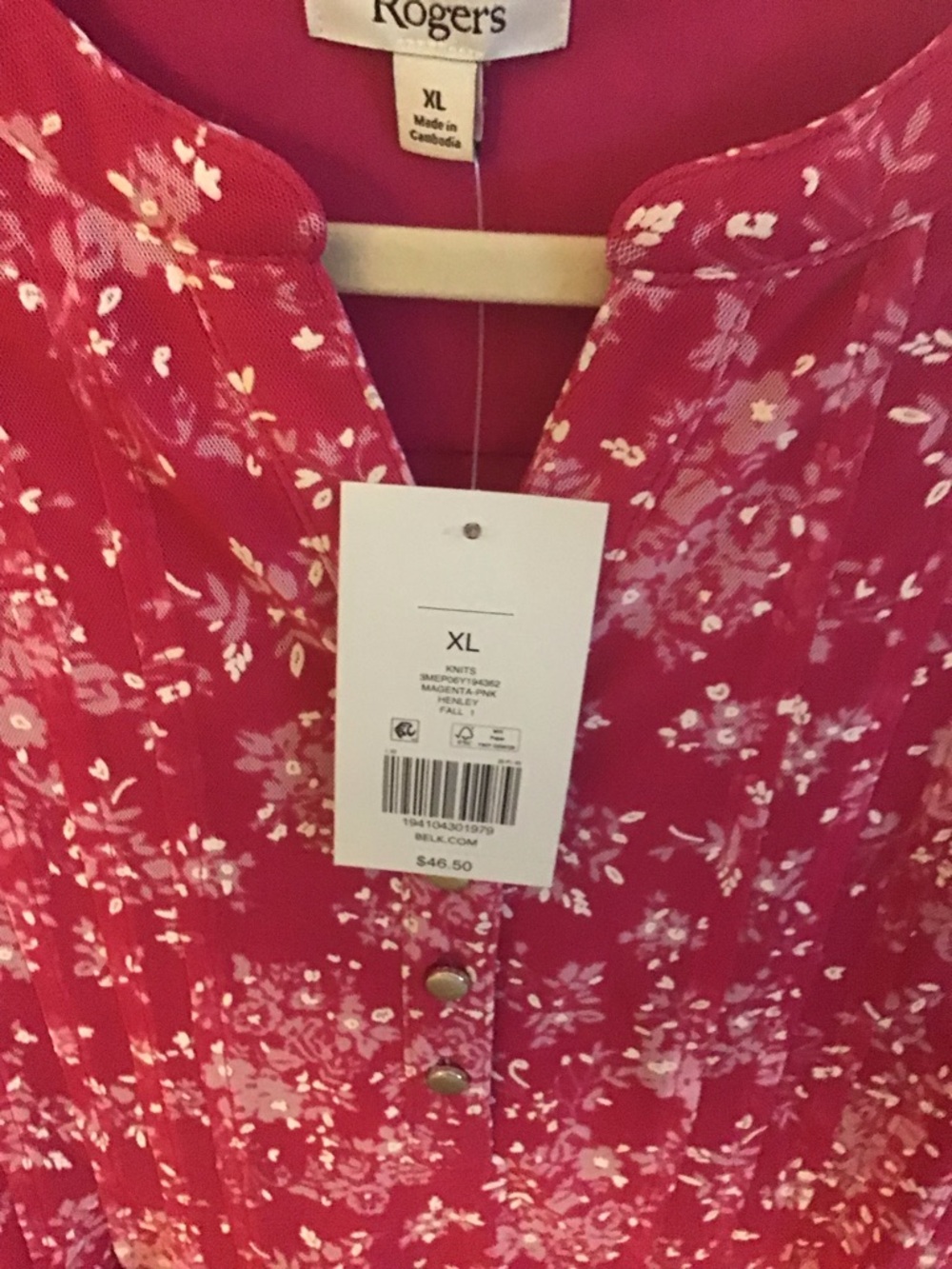 Kim Rogers Bright Pink Floral Button-Front Peplum Blouse. New with tags